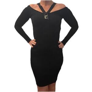 VERSACE Black Medusa Logo Knit Sheer Bodice + Long Sleeve Bodycon Dress 40